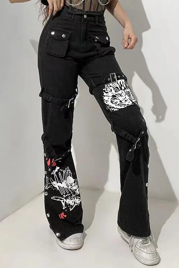 Gothic Black Casual Denim Buckle Straps Buttons Straight Leg Jeans