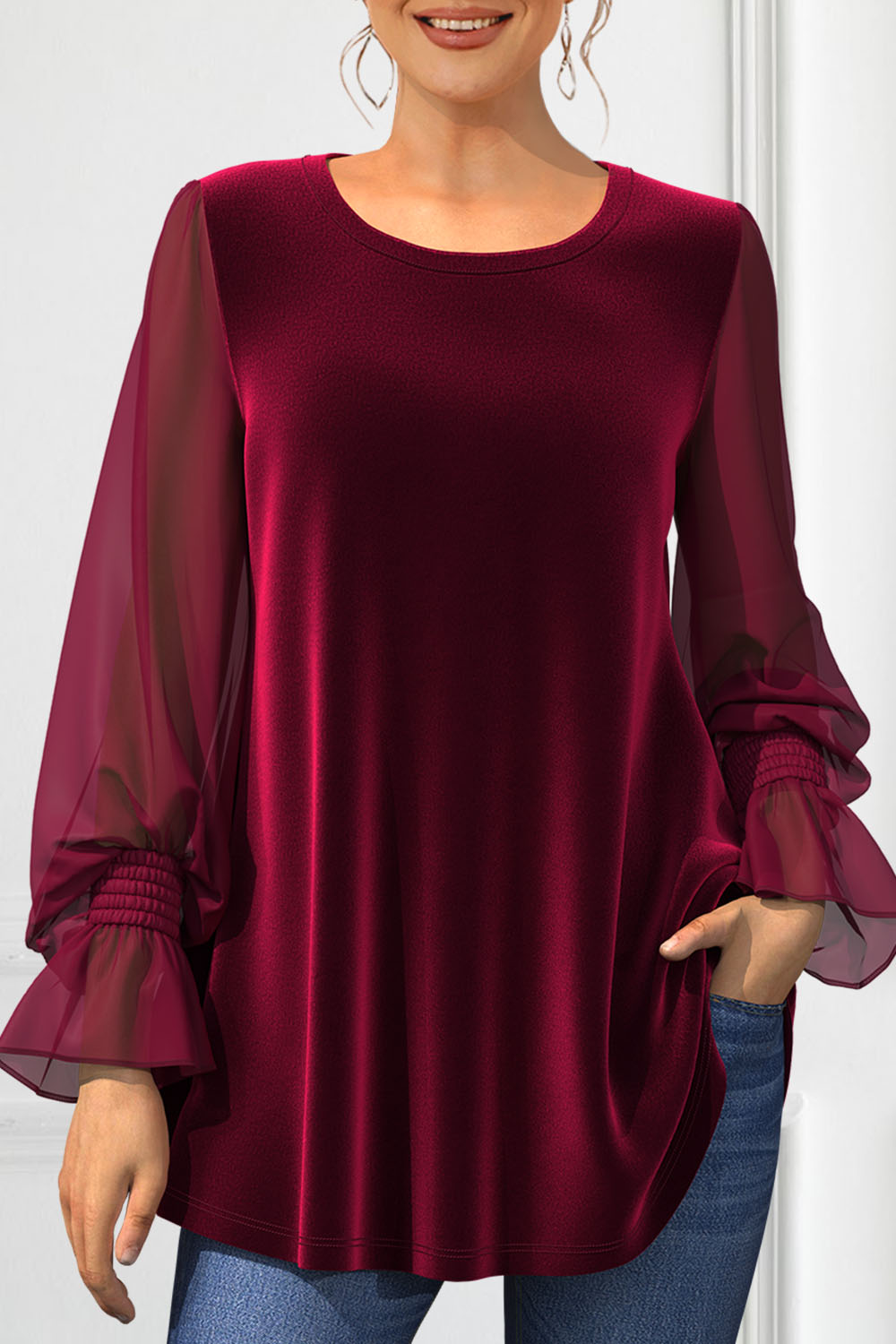 Flycurvy Plus Size Casual Burgundy Velvet Chiffon Patchwork Lantern Sleeve Elastic Cuff Blouse