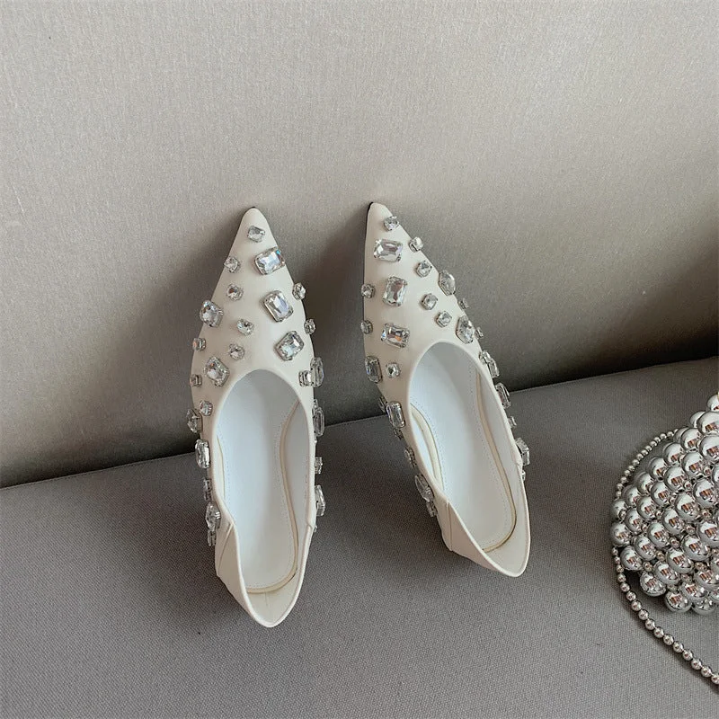 Back to college 2022 Rhinestones Bead Decor Woman Shoes Flats Pointed Toe Slip-On Female Dress Shoes V-Shaped Open Design Elegant Casual Shoes