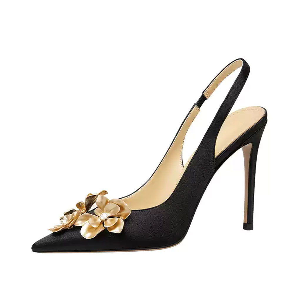 Satin Pointed Toe Stiletto High Heel Black Slingback Pumps with Flower Nicepairs