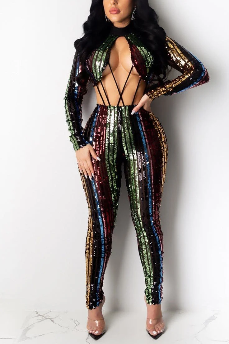 Sexy Stitching Multicolor Sequined Jumpsuit