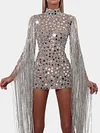 Sequined Tasseled High-Neck Evening Mini Dress