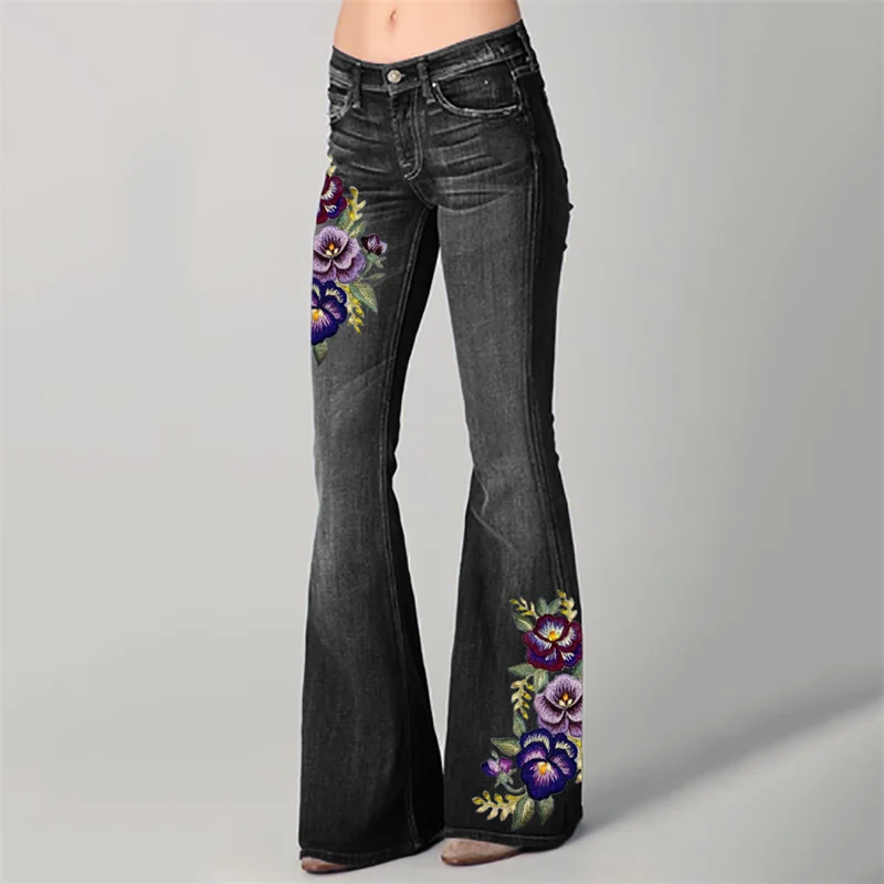 Classy Pansy Floral Embroidered Washed Bell Bottom Jeans