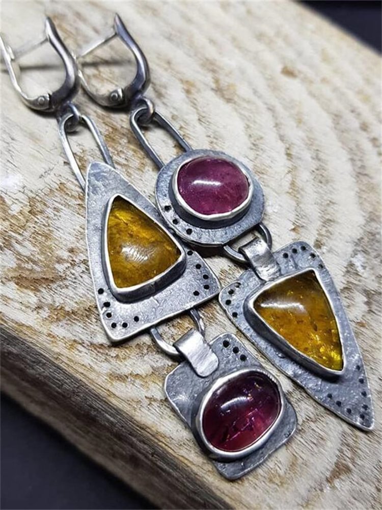 Vintage Natural Stone Studded Geometric Earrings