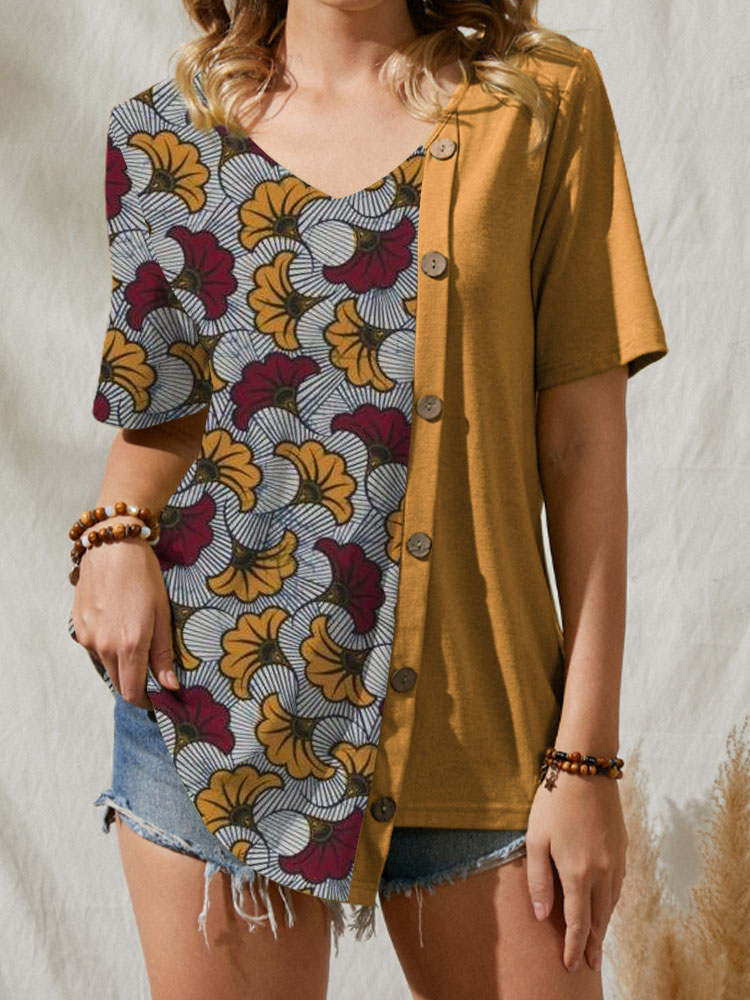 Calico Print V neck Button Short Sleeve Asymmetrical Hem Women T Shirt P1847361
