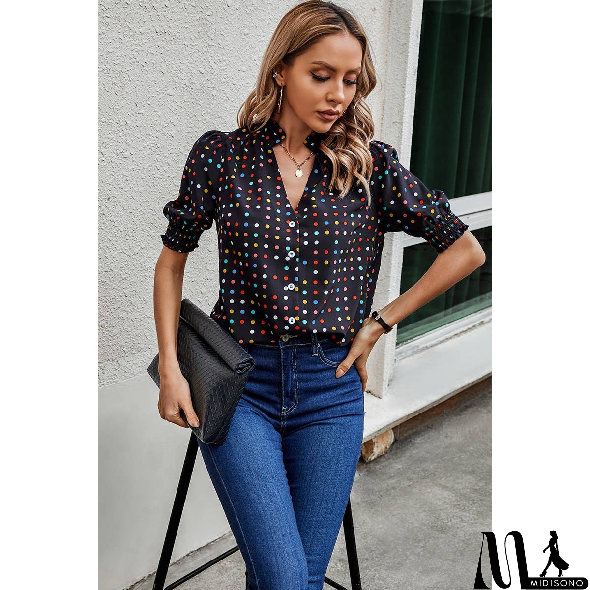 MidiSono - Polka Dot Print Puff Sleeve Button Shirt
