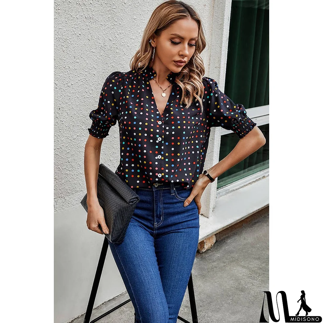 MidiSono - Polka Dot Print Puff Sleeve Button Shirt