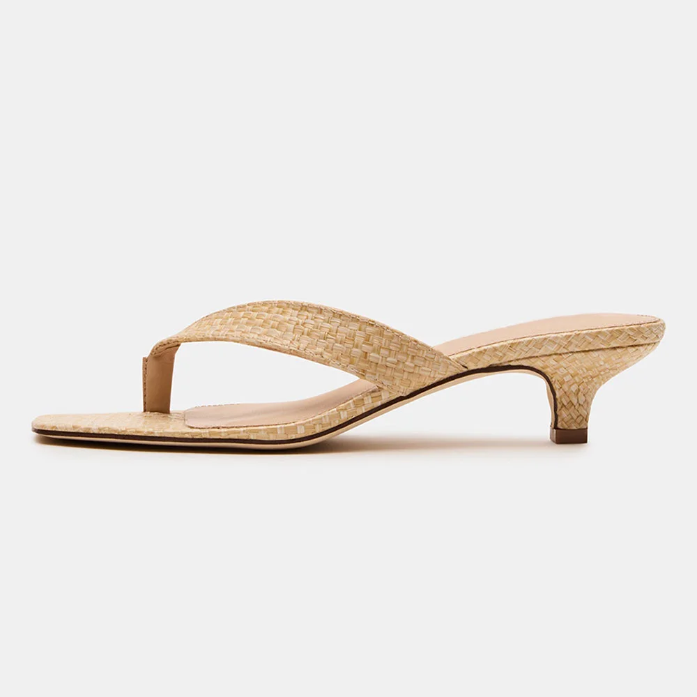 YDN Beige Raffia Kitten Heel Open Square Toe Slides for Women