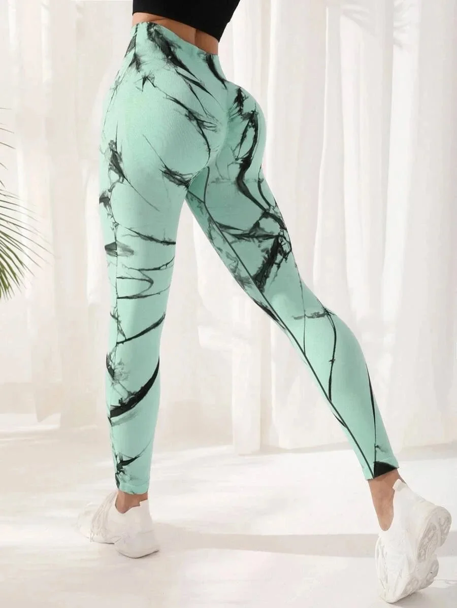 Tlbang Dye Sports Fitness Leggings Women High Waist Peach Hip Lift Seamless Leggings Jacquard Yoga Pants Gym Clothing 2024 New