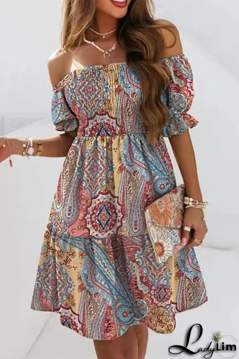 Blue White Fashion Sweet Print Patchwork Fold Off the Shoulder A Line Dresses