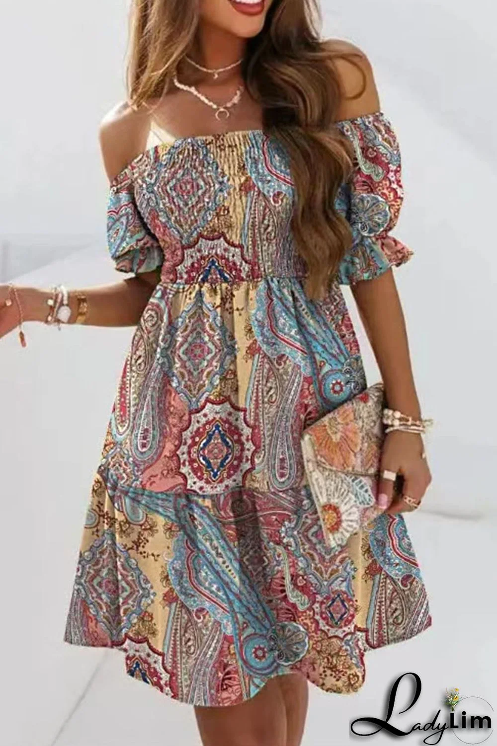 Blue White Fashion Sweet Print Patchwork Fold Off the Shoulder A Line Dresses