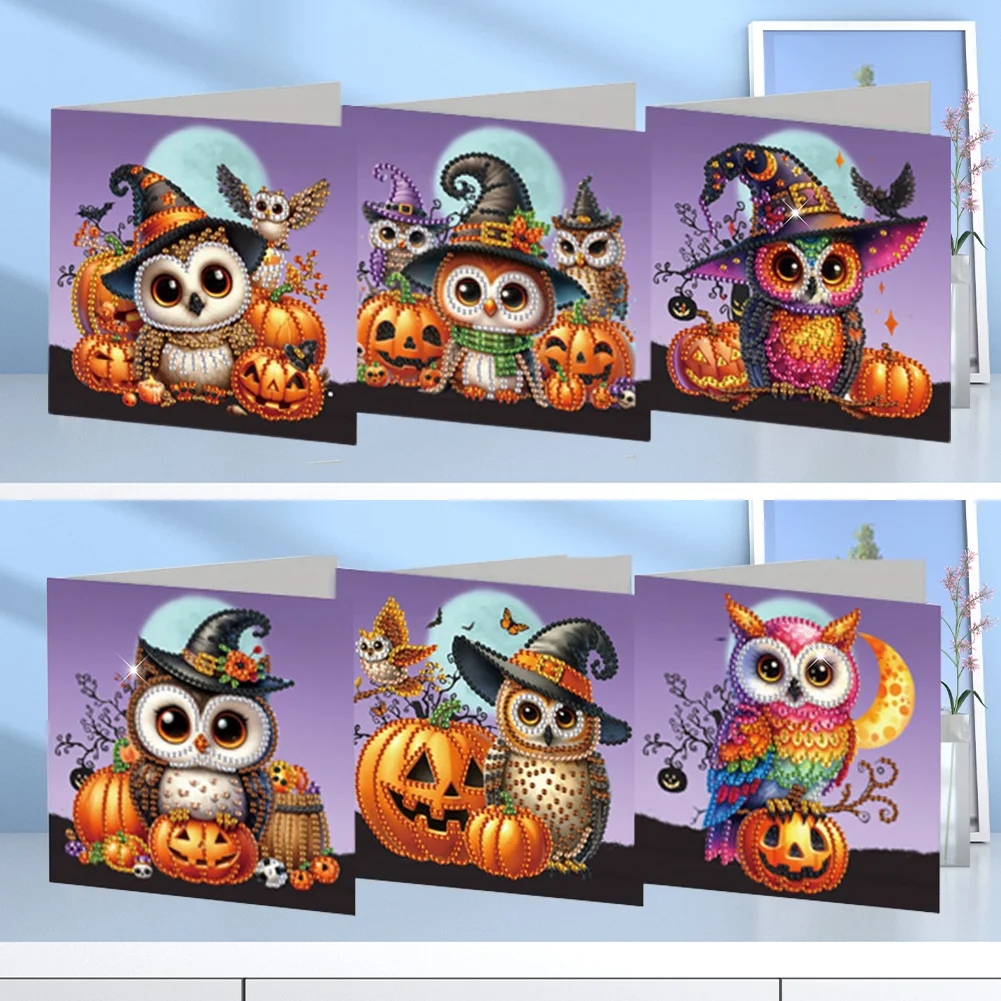 6Pcs DIY Halloween Owl Diamond Painting Greeting Card Diamond Handmade Card