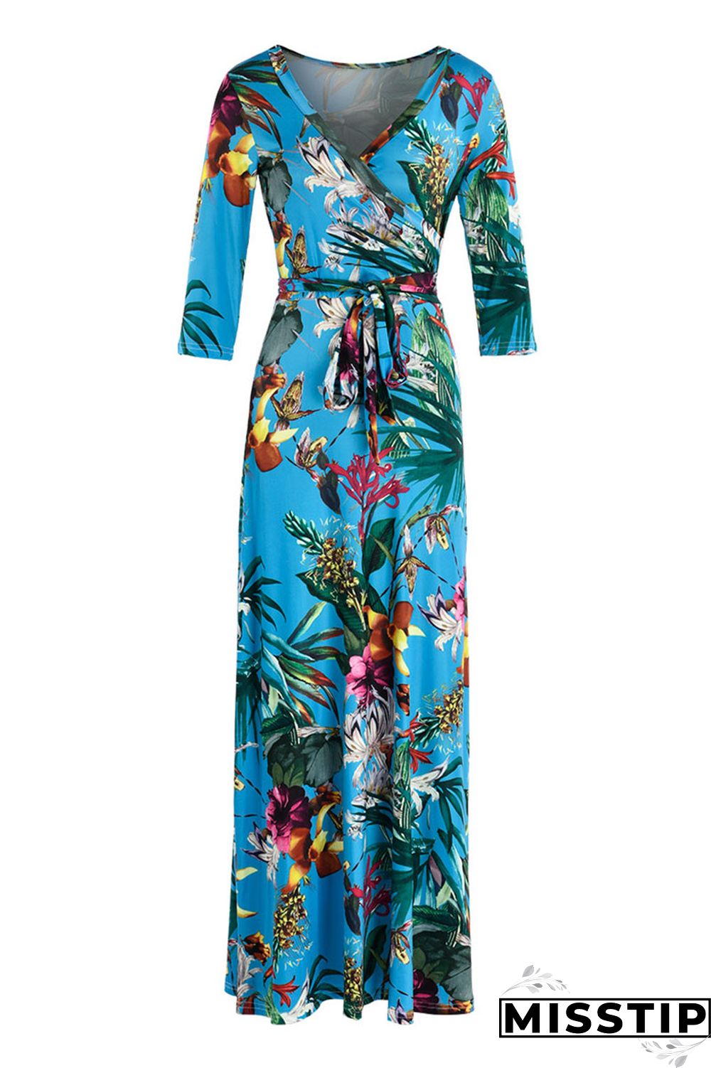 Blue Fashion Casual Print Bandage V Neck Long Sleeve Dresses