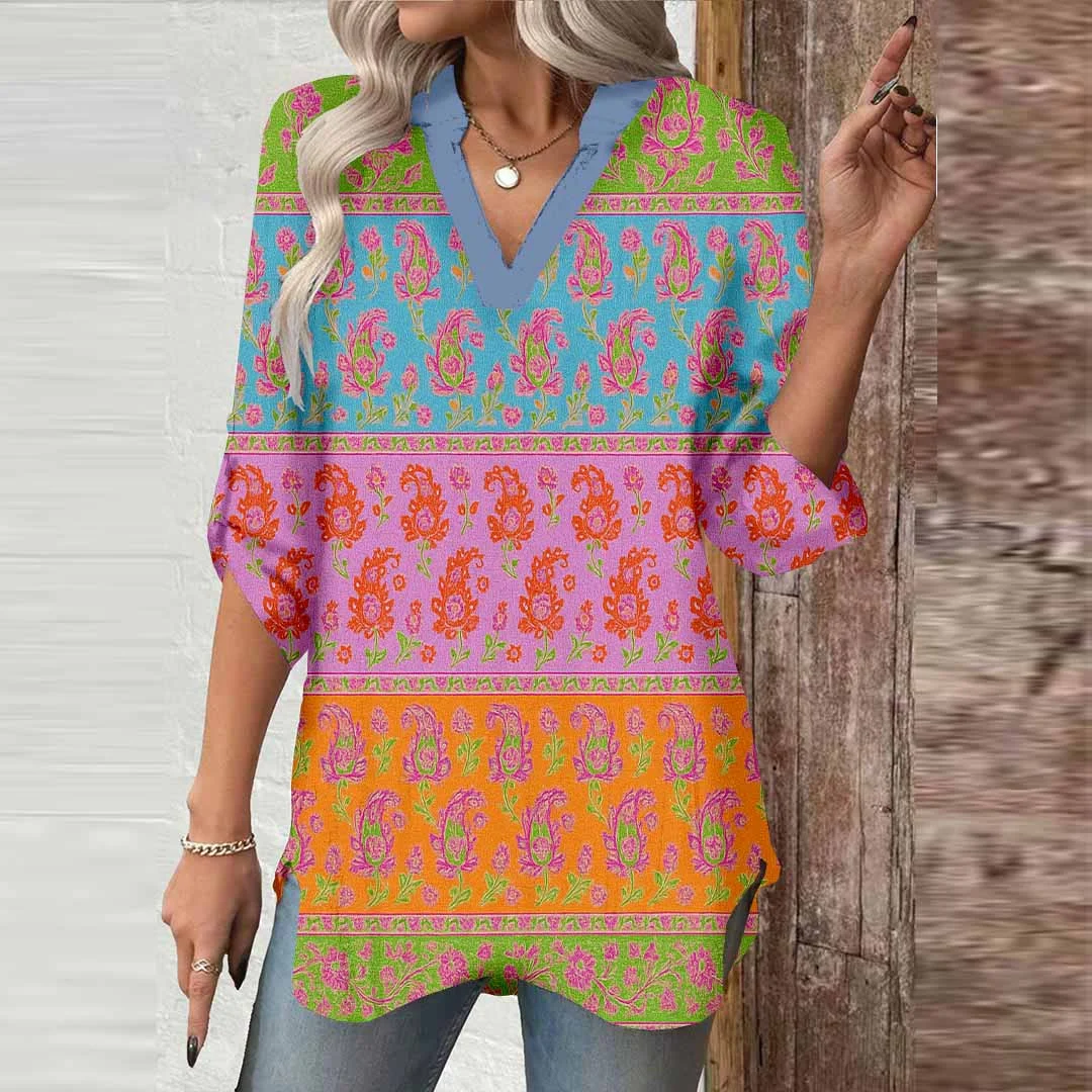 Women Floral, Stripes, Colorful DZGA0113 3/4 Sleeve V-neck Printed Graphic Button Tops