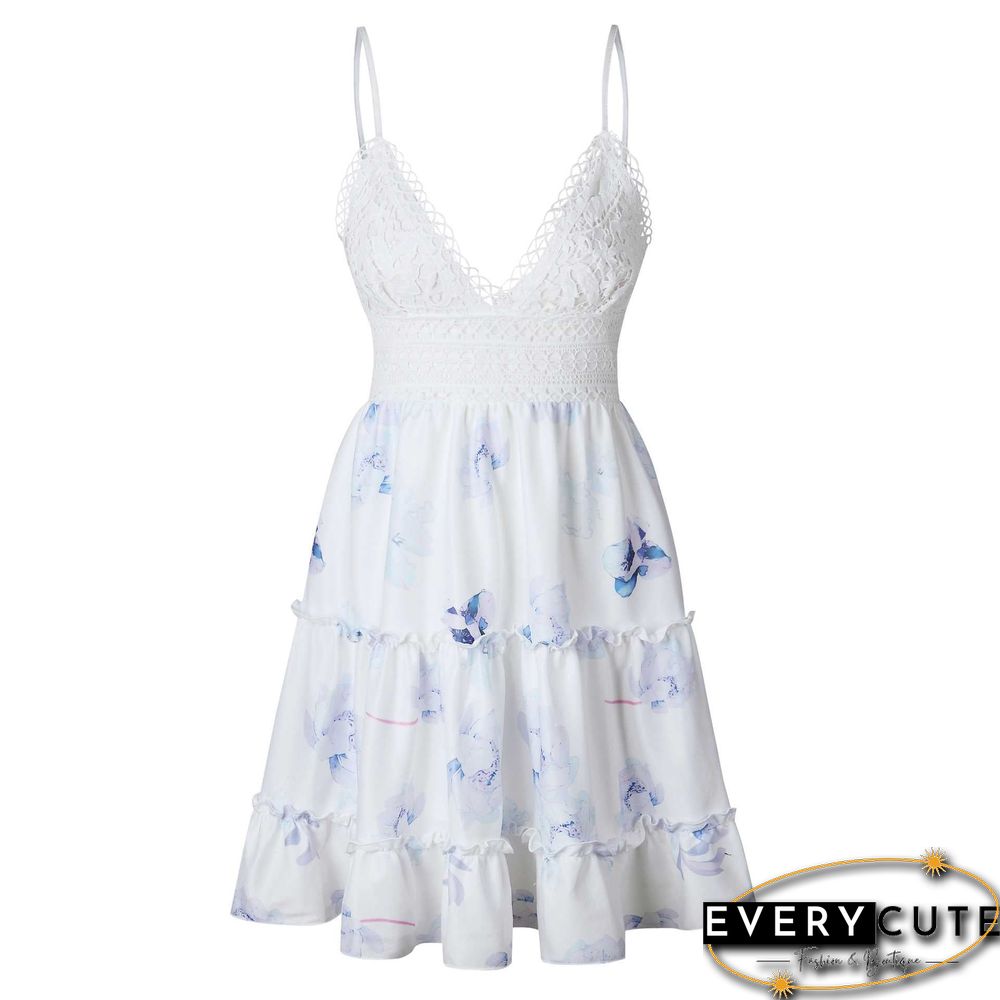 Tie Back Knot Lace Tiered Layered Ruffle Mini Dress