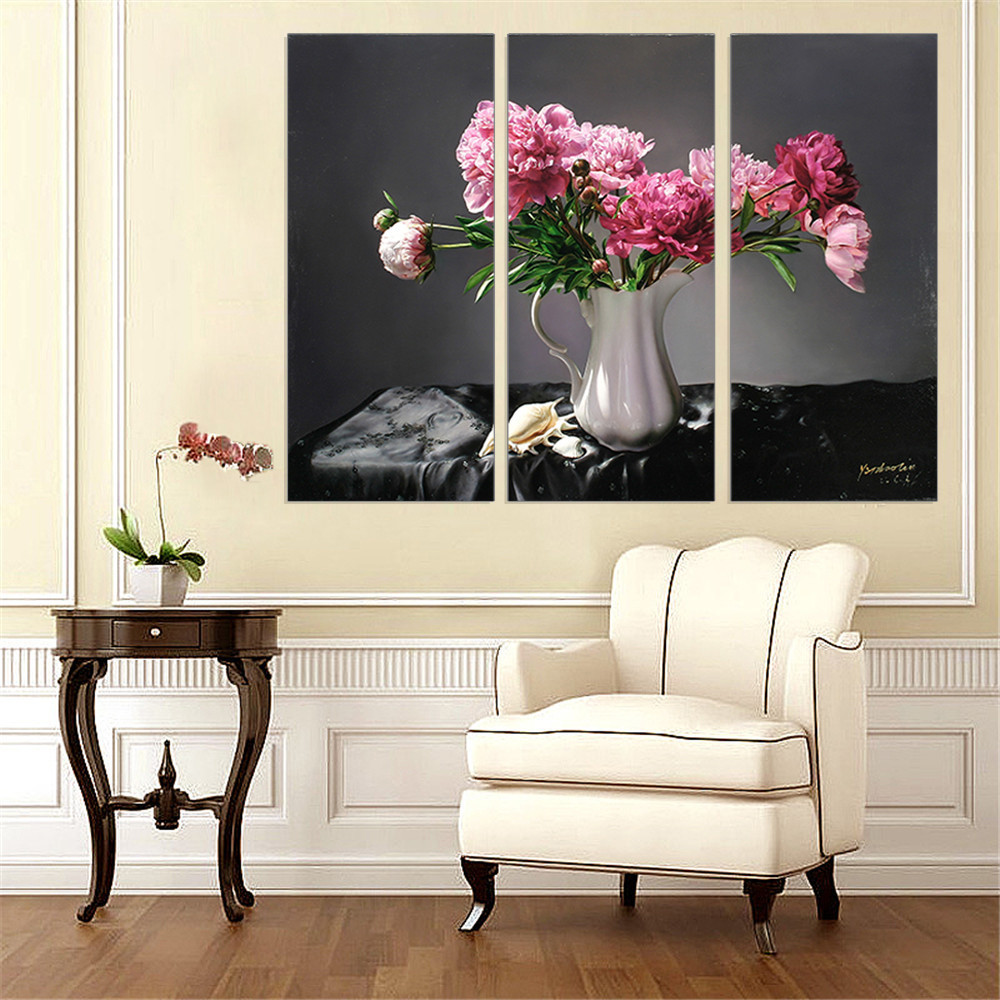3 Pieces Canvas Art Pink Flower on White Vase Art Print Home Decor Black Background Oil Painting for Living Room Wall Frameless