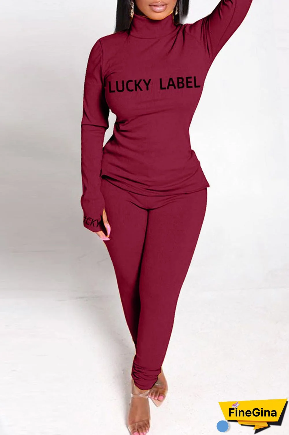 Fashion Casual Letter Print Basic Turtleneck Long Sleeve Two Pieces