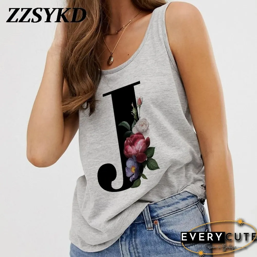 Summer Alphabet Print Camisole Sexy Tank Tops Vest Women Tee Shirt Sleeveless Gray Female