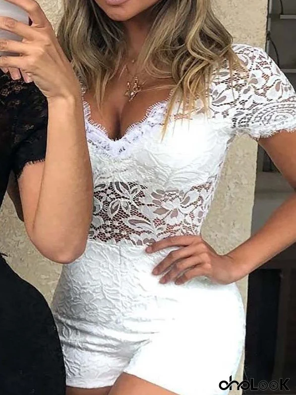 Women's Jumpsuits V-Neck Lace Cutout Slim Fit Jumpsuit