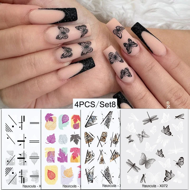 Harunouta 6Pcs Black Leaves Flower Water Decals Dandelion Geometrics Pattern Stickers Sliders For Nails DIY Decoration-Nail Inspo