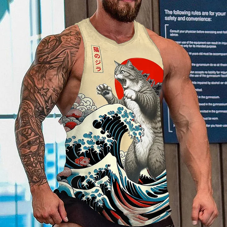 Men's Abstract Creative The Great Waves And Godzilla Japanese Art Cat Pattern Print Street Casual Tank Top