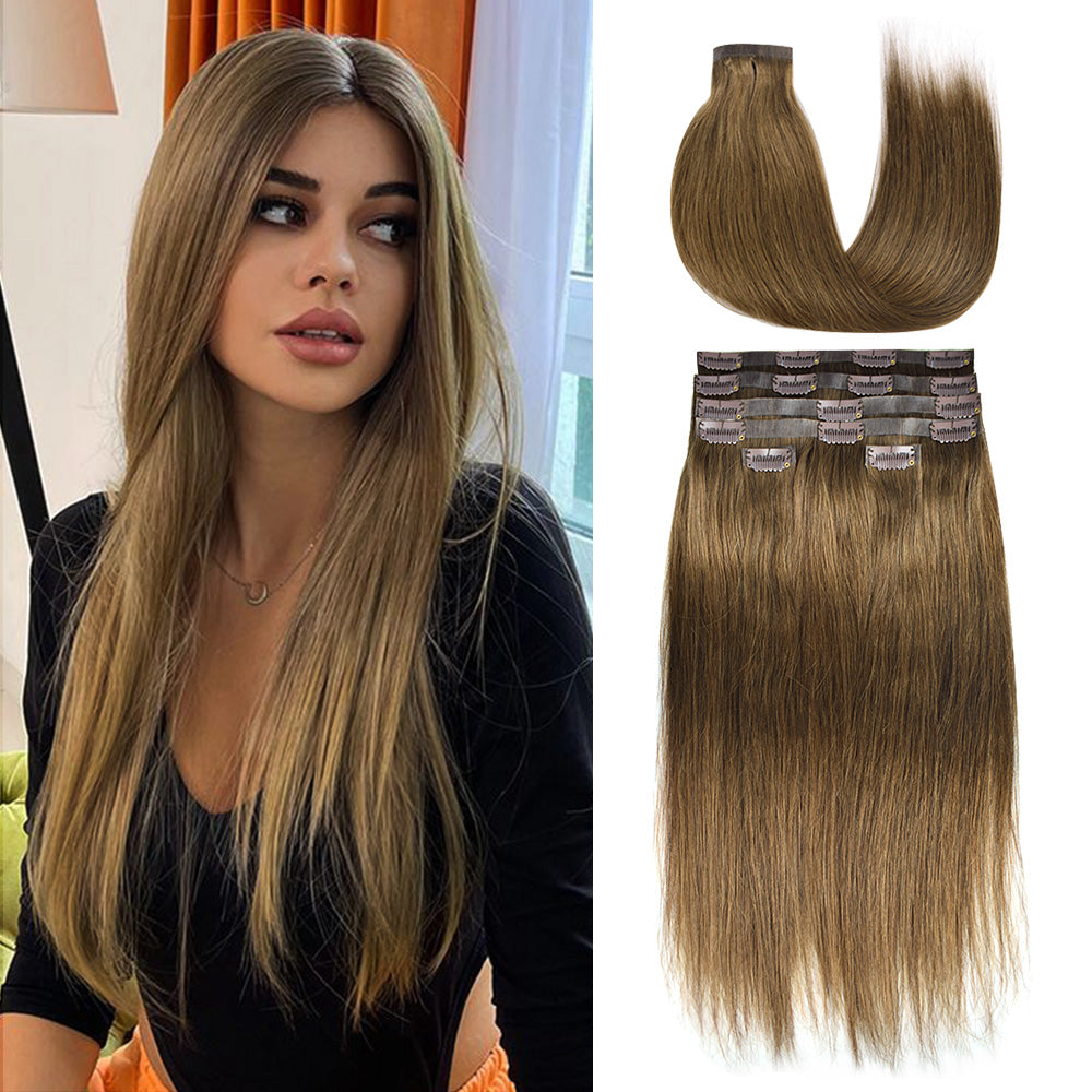 #7 Straight | Clip in Hair | 6Pcs 100g | PU Seamless Clip ins | Extensions Real Human Hair | boruihair