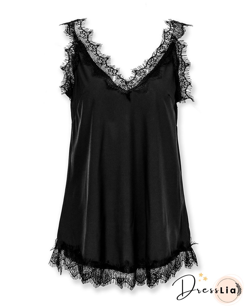 Eyelash Lace Trim Satin Sleeveless Top