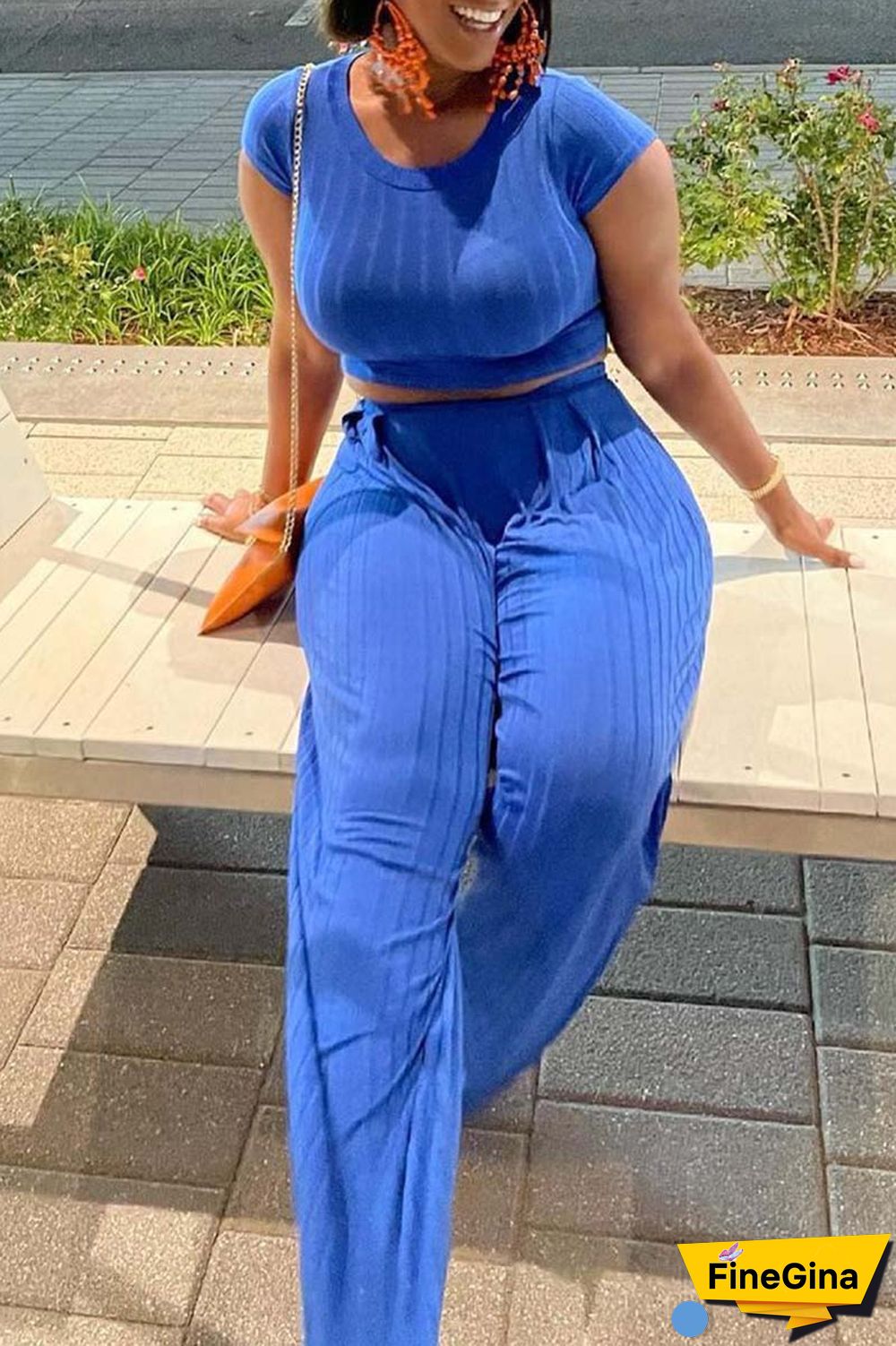 Blue Casual Solid Basic O Neck Short Sleeve Two Pieces