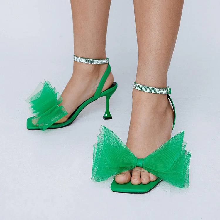 Green Square Toe Bow Shoes Women's Classic Ankle Strap Heels Party Stiletto Sandals |FSJ Shoes