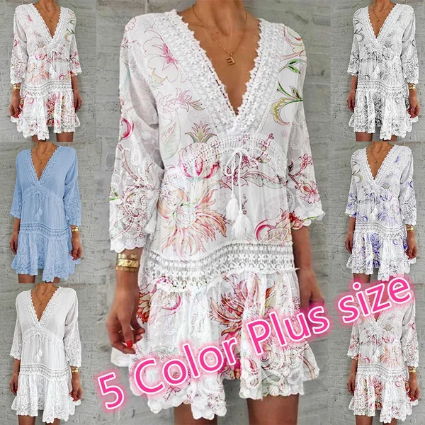 Women Fashion Casual Long Sleeve Floral Printed Holiday Bohemian Dress White Lace Dress Plus Size