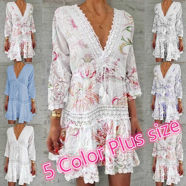 Women Fashion Casual Long Sleeve Floral Printed Holiday Bohemian Dress White Lace Dress Plus Size - BlackFridayBuys