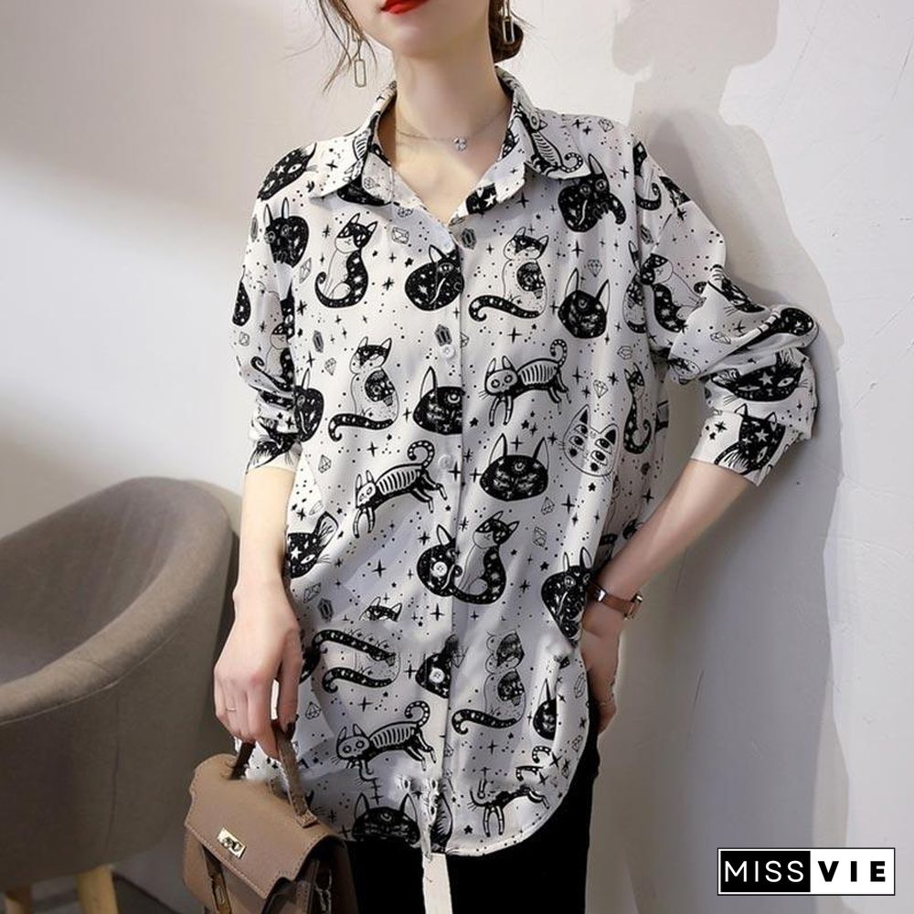 Cute Kitten Print Long Sleeve Shirt