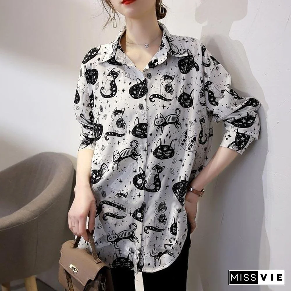 Cute Kitten Print Long Sleeve Shirt