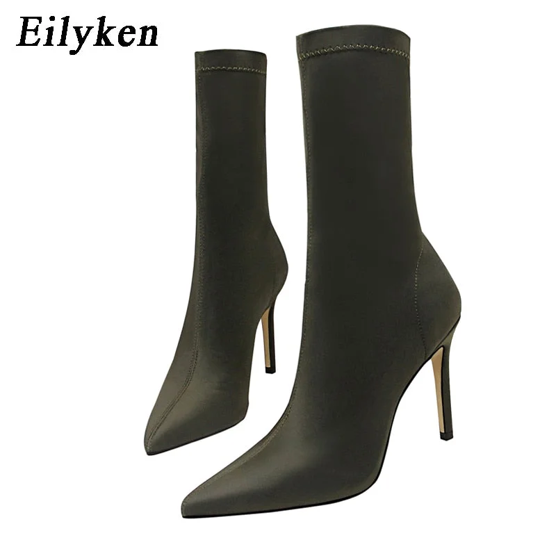 Eilyken 2022 Winter Fashion Women Boots Beige Pointed Toe Elastic Ankle Boots Heels Shoes Autumn Winter Female Socks Boots