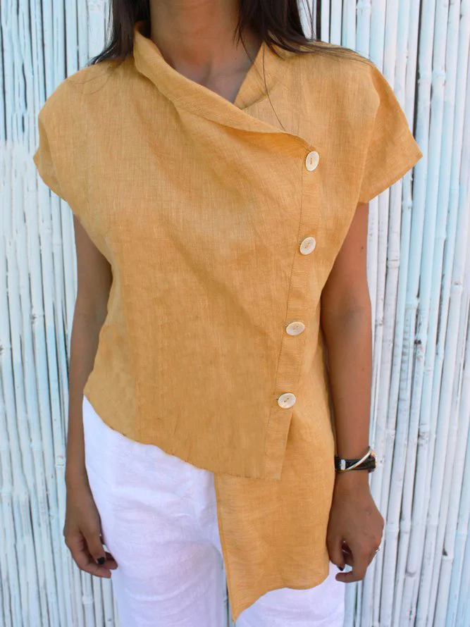 Cowl Neck Short Sleeve Buttoned Shirts & Tops