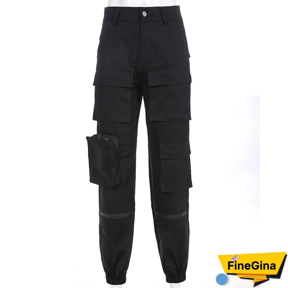 Fall Black Cargo Pants Women Fashion High Waist Loose Trousers Female Pockets Patchwork Pencil Sweat Bottom Pant Korean Style