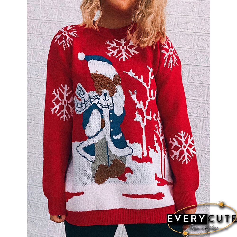Red Snowflake Bear Crew Neck Long Sleeve Christmas Sweater