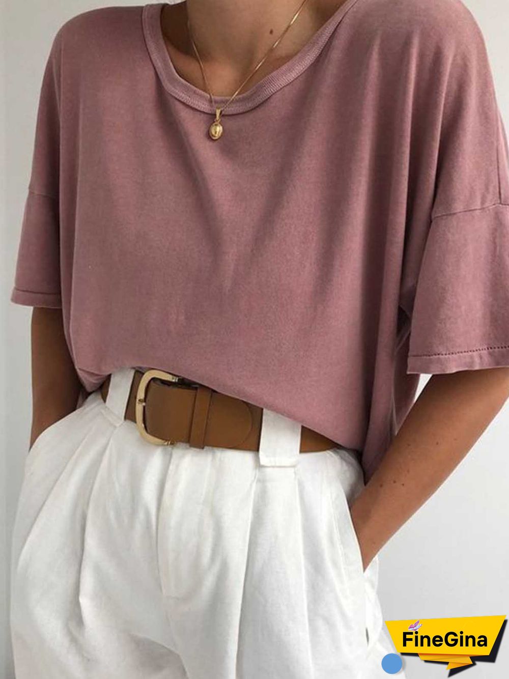 Deep Pink Short Sleeve Round Neck Cotton Solid T-shirt