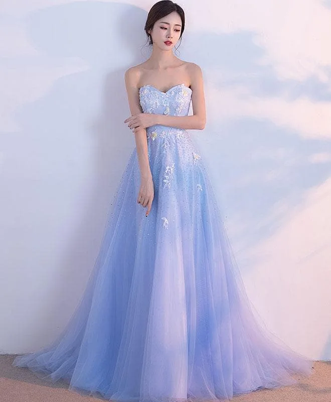 Light Blue Sweetheart Neck Tulle Lace Long Prom Dress, Evening Dresses