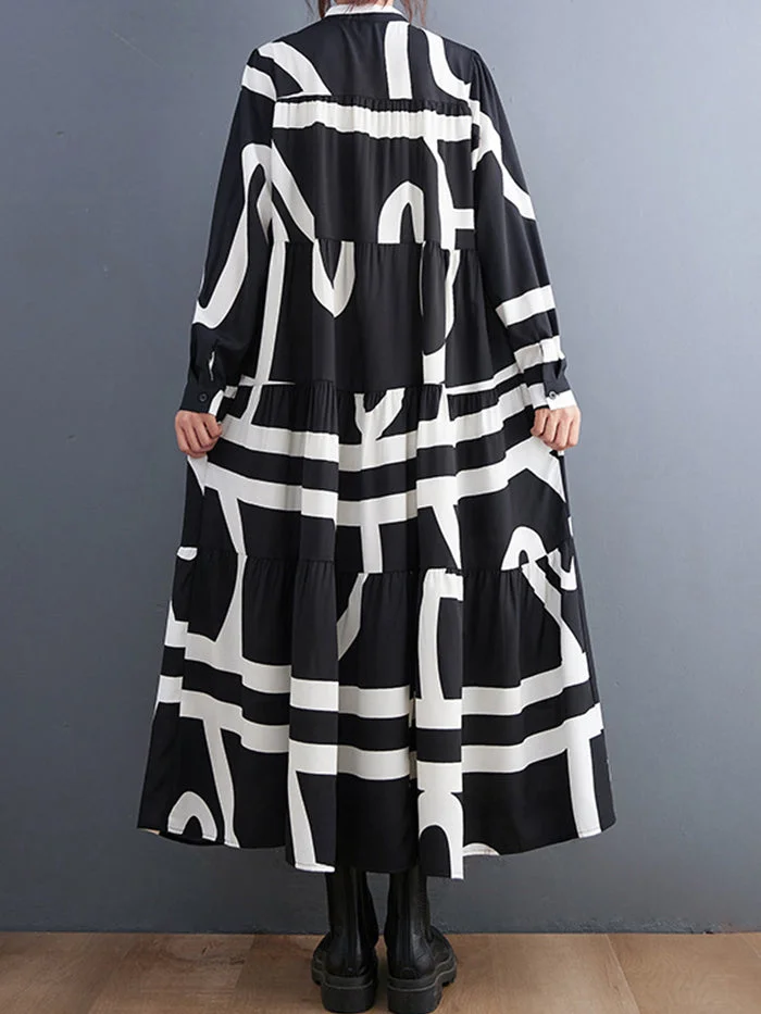 Fashion Long Sleeve Printed Midi Dress