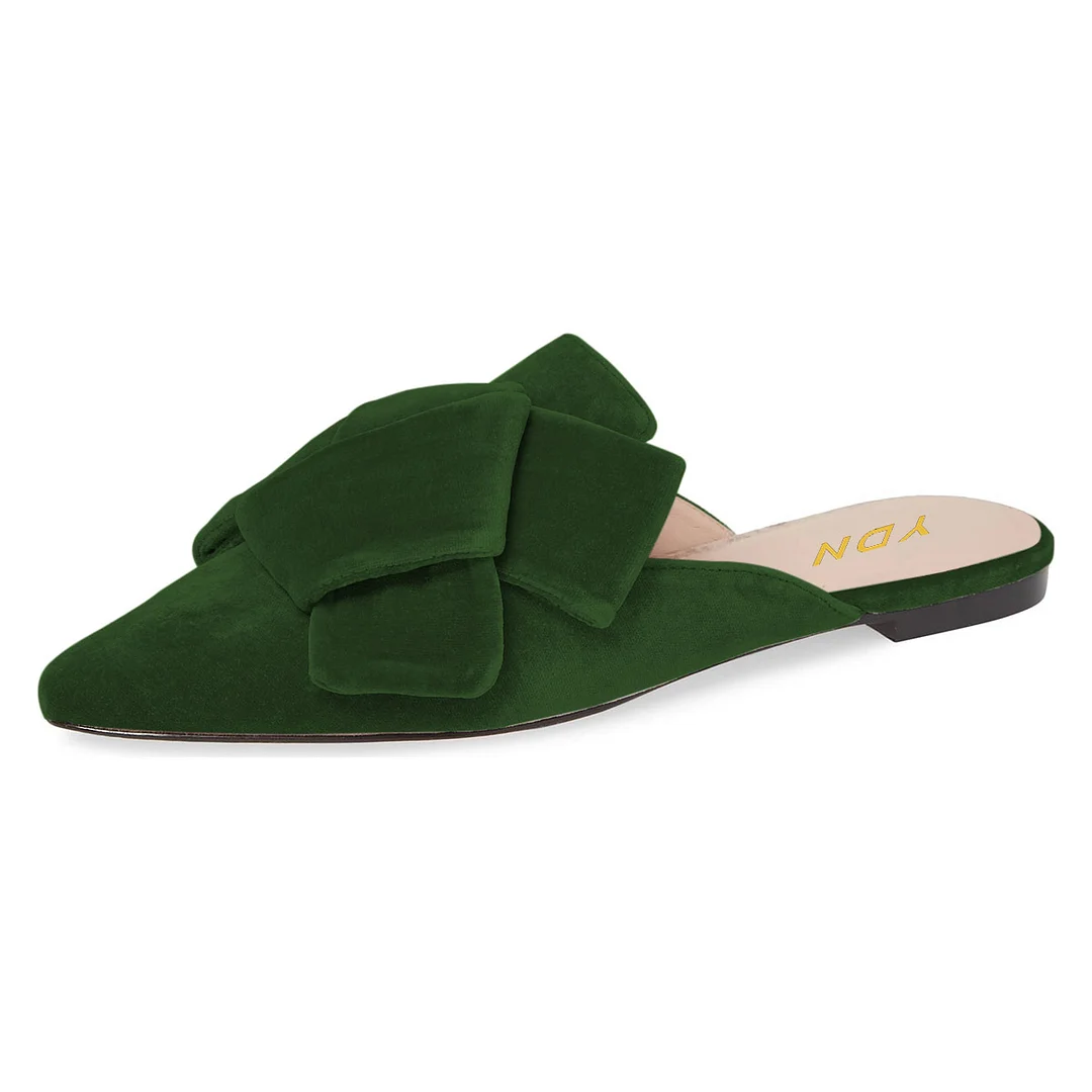 Green Velvet Knot Accent Simple Mules Shoes with Pointed Toe