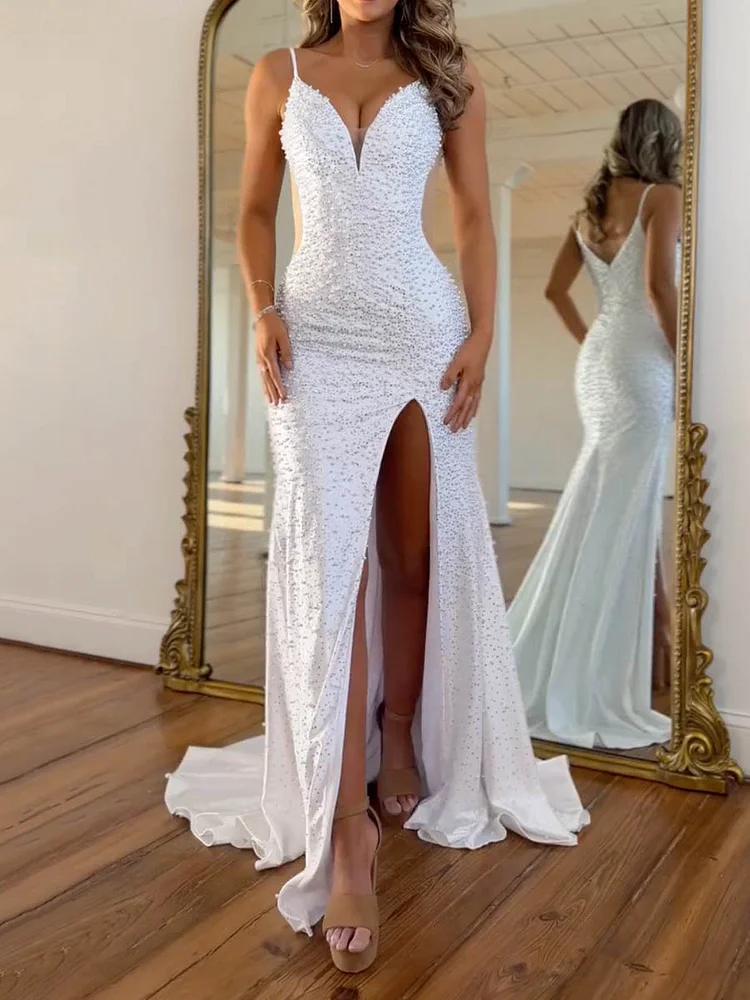 Sequinned Pearl Beaded Sleeveless Spaghetti-Neck Mermaid Maxi Dresses Party Dresses