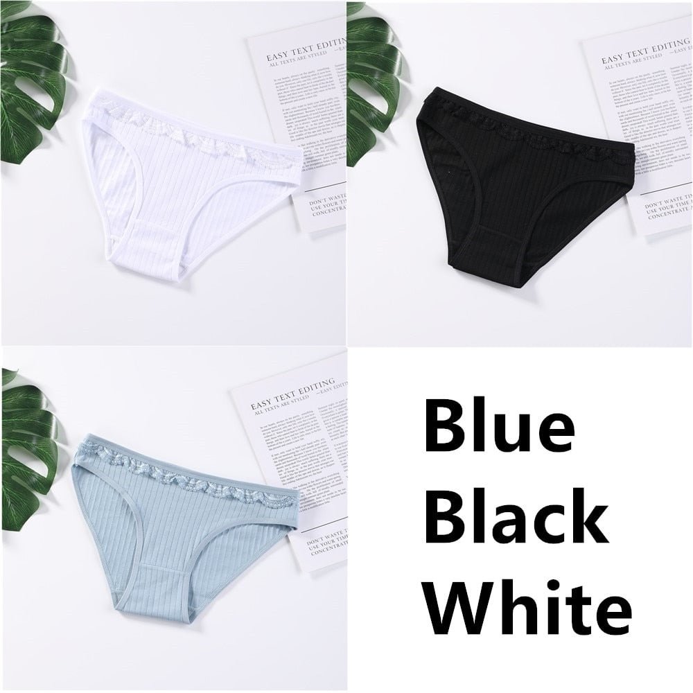 3PCS Cotton Panties Underwear Solid Women Sexy Lace Underpants Soft Briefs Set Female Intimates Plus Size Lingerie Panty M-XL