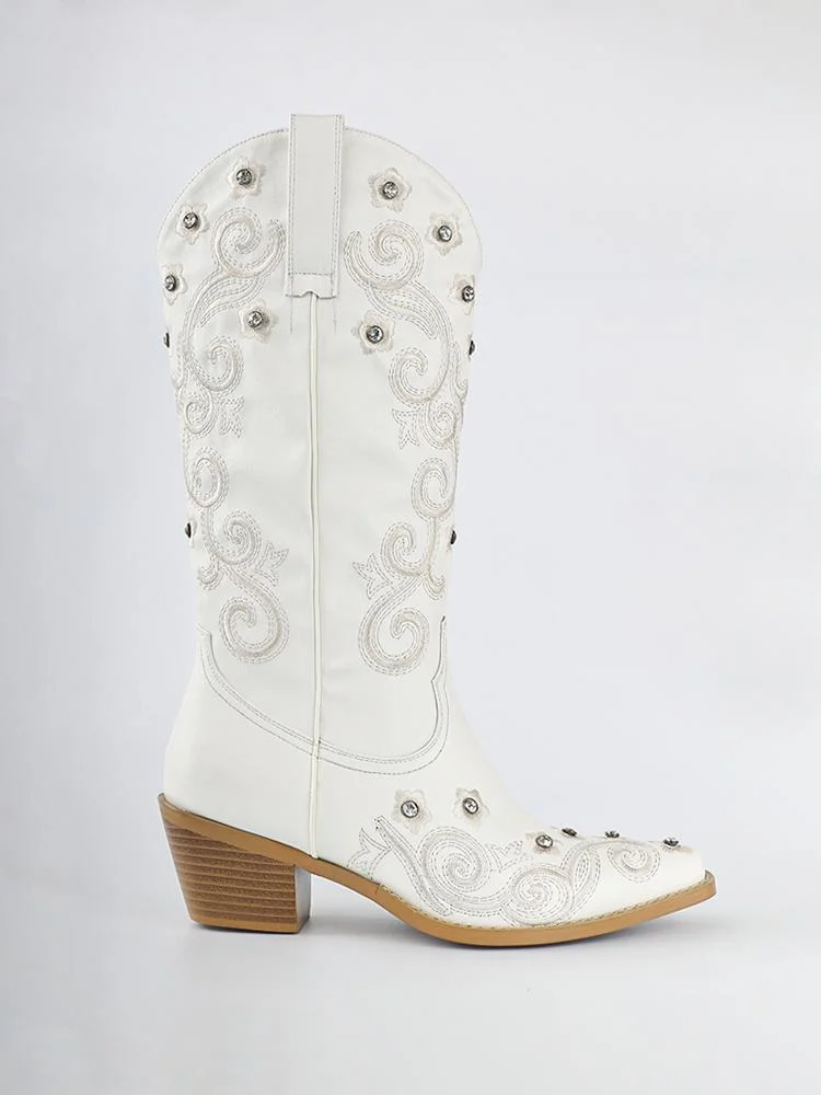 White Rhinestone Floral Embroidered Wide Mid Calf Western Cowgirl Boots