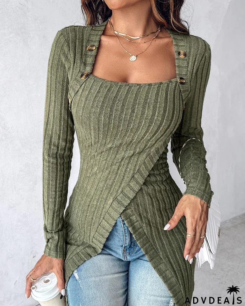 Buttoned Slit Asymmetrical Neck Knit Top