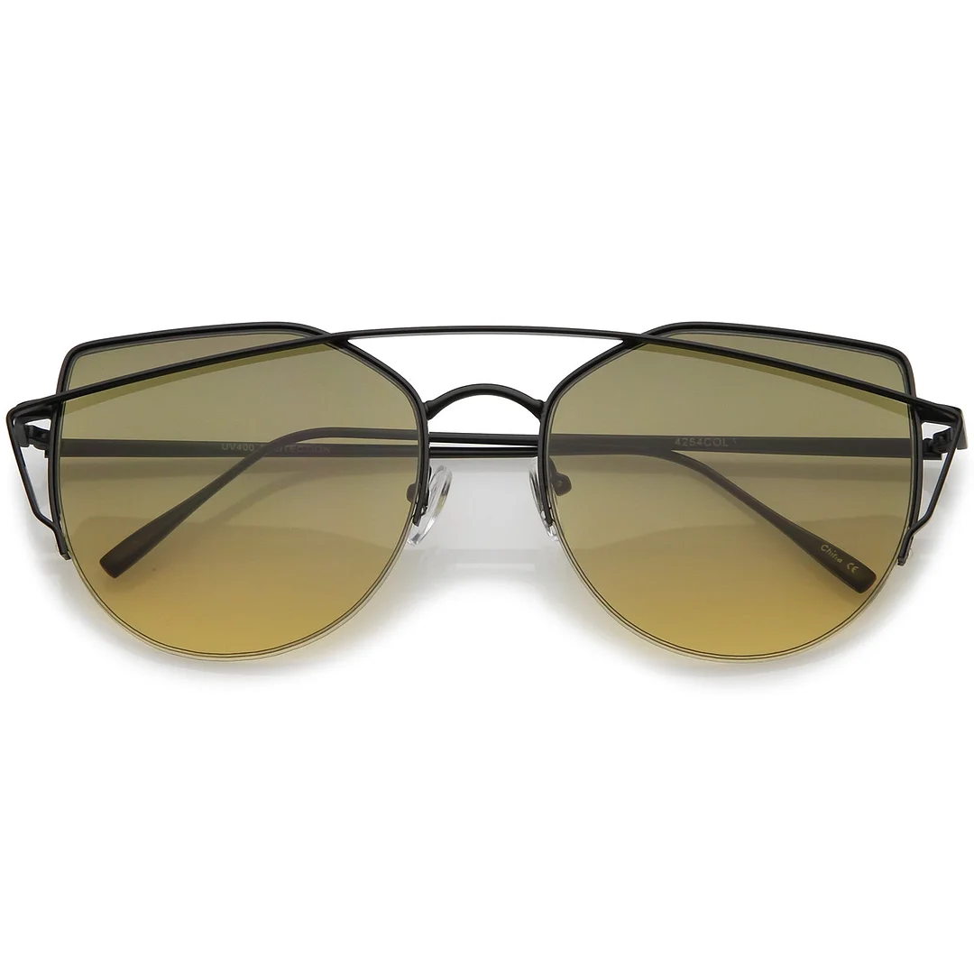 Women's Semi Rimless Metal Brow Bar Round Colored Flat Lens Cat Eye glasses