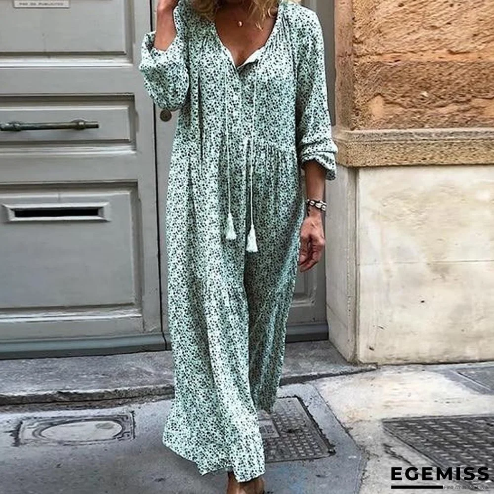 Plus Size Boho Printed Vintage Dress Loose V-neck Long Sleeve Maxi Dresses | EGEMISS