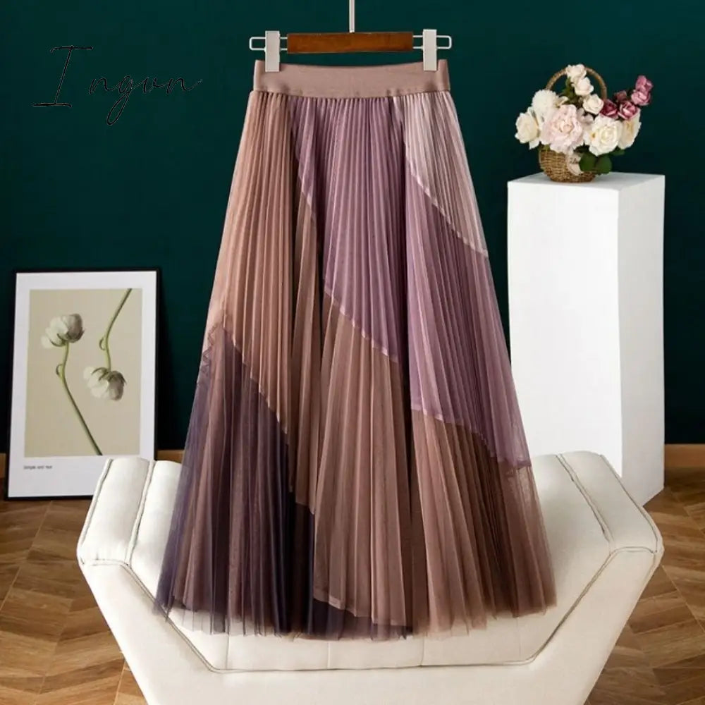 Ingvn - Gauze Patchwork Pleated Midi Skirts Spring Summer New Fashion Streetwear Casual Elastic