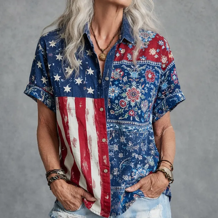 U.S. 250th Anniversary Flowers Boho Art Print Casual Shirt