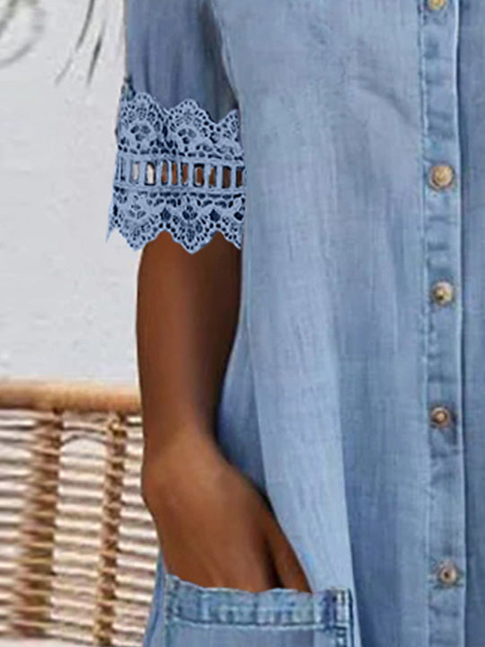 Women Short Sleeve Shirt Collar Solid Button Pockets Lace Denim Midi Dress